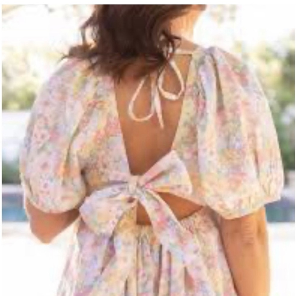 Open-Back Floral Midi Dress with Bow Tie